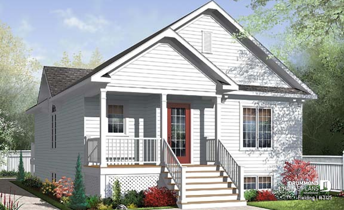 front - BASE MODEL - Traditional one storey house plan, small bungalow with large kitchen island, open floor plan concept - Fielding