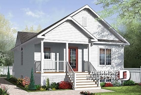 front - BASE MODEL - Traditional one storey house plan, small bungalow with large kitchen island, open floor plan concept - Fielding
