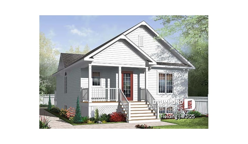 front - BASE MODEL - Traditional one storey house plan, small bungalow with large kitchen island, open floor plan concept - Fielding