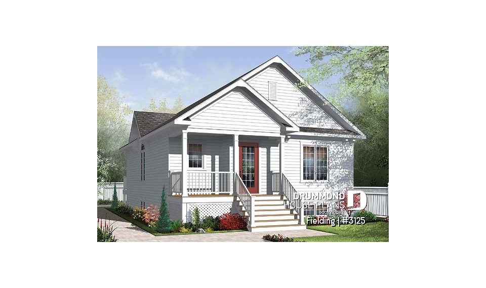 front - BASE MODEL - Traditional one storey house plan, small bungalow with large kitchen island, open floor plan concept - Fielding