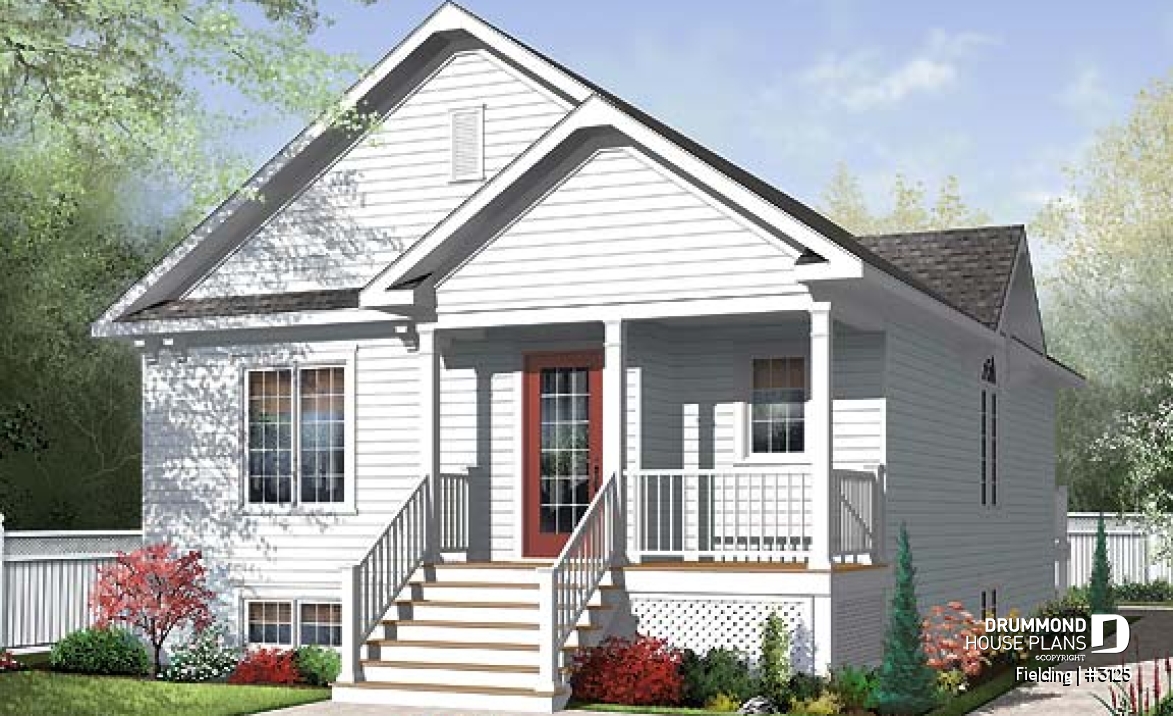front - BASE MODEL - Traditional one storey house plan, small bungalow with large kitchen island, open floor plan concept - Fielding