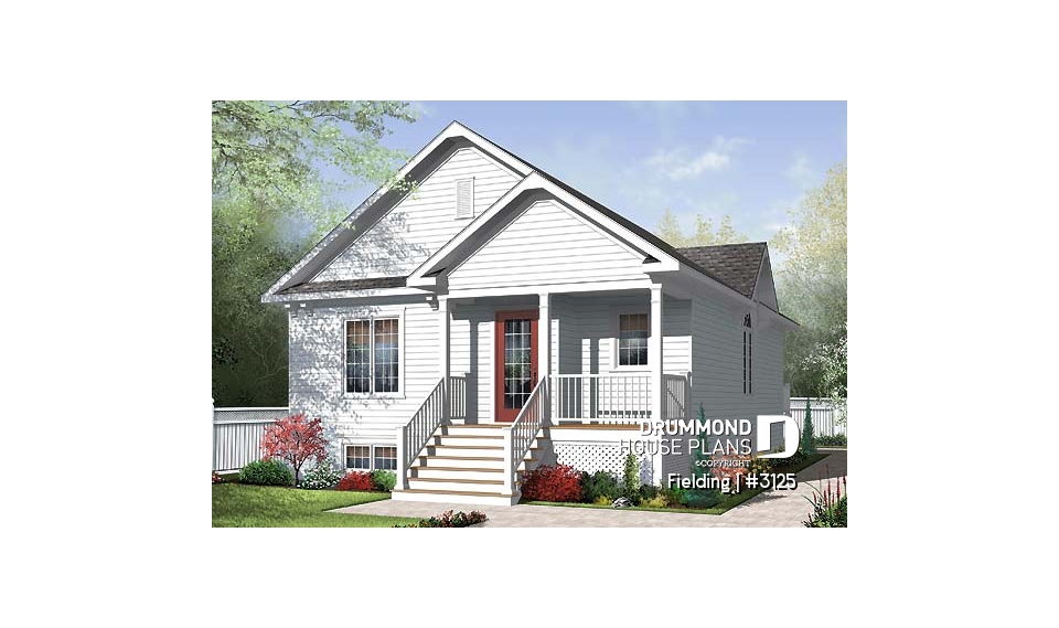 front - BASE MODEL - Traditional one storey house plan, small bungalow with large kitchen island, open floor plan concept - Fielding