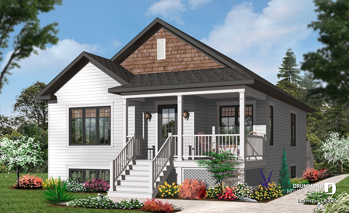 Color version 2 - Front - Affordable 2 bedroom American style bungalow house plan, entrance foyer, open floorplan, low construction cost - Larkspur
