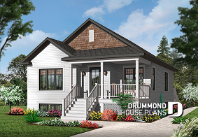 Color version 2 - Front - Affordable 2 bedroom American style bungalow house plan, entrance foyer, open floorplan, low construction cost - Larkspur
