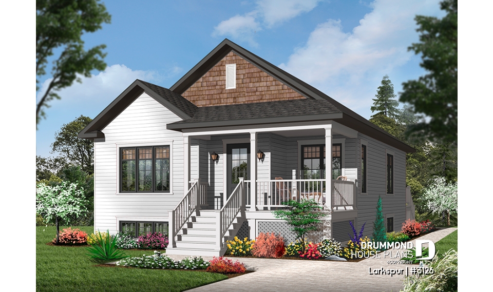 Color version 2 - Front - Affordable 2 bedroom American style bungalow house plan, entrance foyer, open floorplan, low construction cost - Larkspur