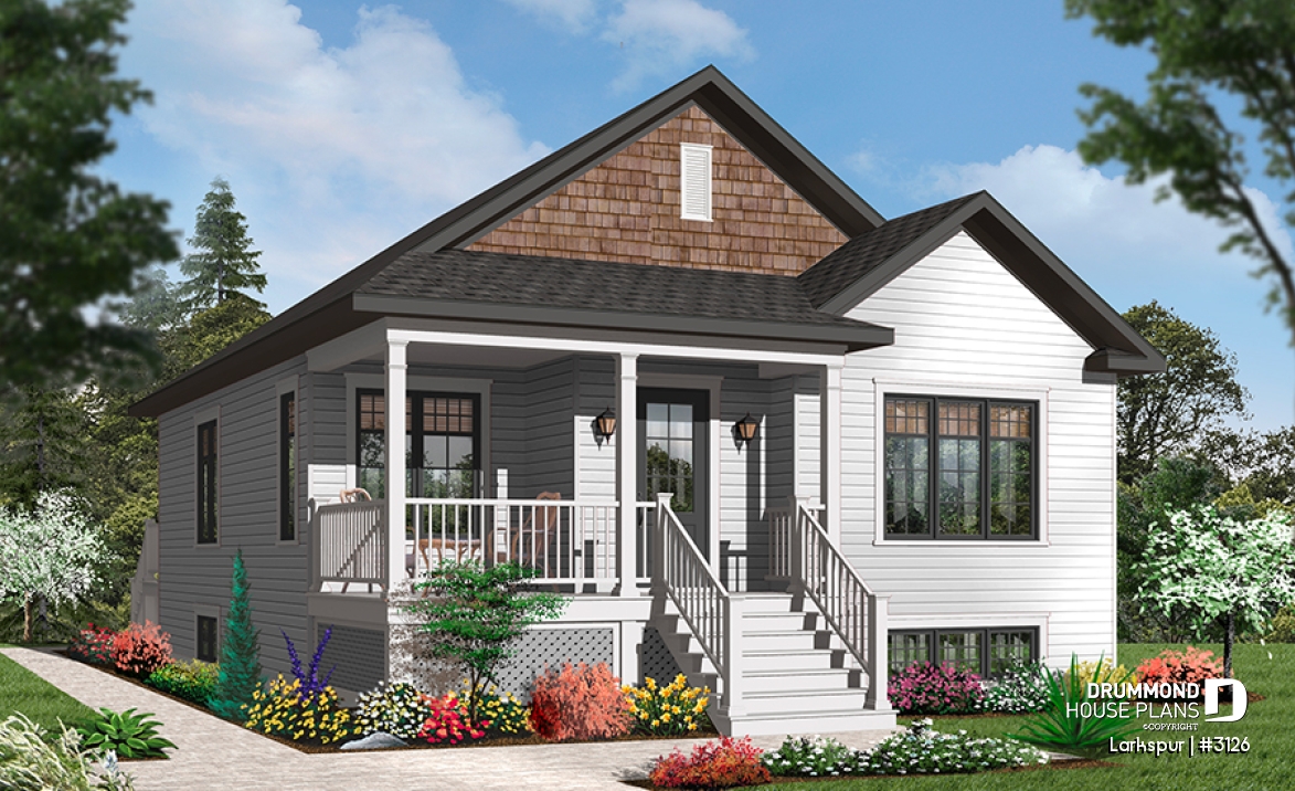 Color version 2 - Front - Affordable 2 bedroom American style bungalow house plan, entrance foyer, open floorplan, low construction cost - Larkspur