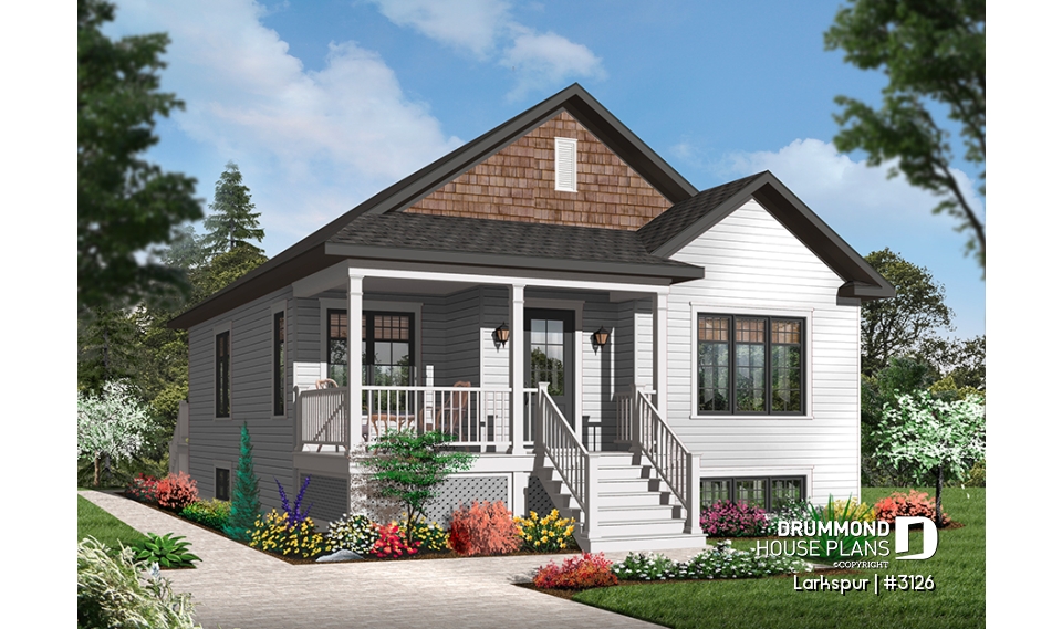 Color version 2 - Front - Affordable 2 bedroom American style bungalow house plan, entrance foyer, open floorplan, low construction cost - Larkspur