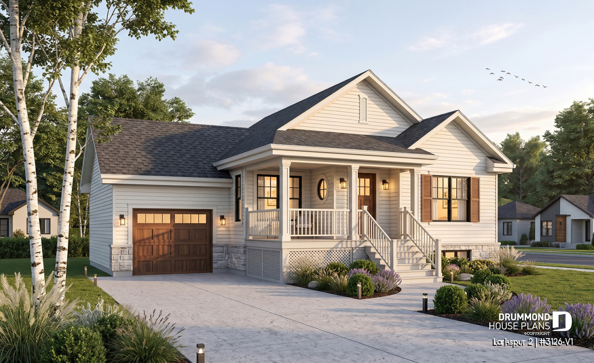 front - BASE MODEL - Small and affordable Bungalow house plan, open floor plan, master bed w/ walk-in, garage with basement access - Larkspur 2