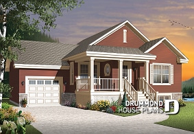 front - BASE MODEL - Small and affordable Bungalow house plan, open floor plan, master bed w/ walk-in, garage with basement access - Larkspur 2