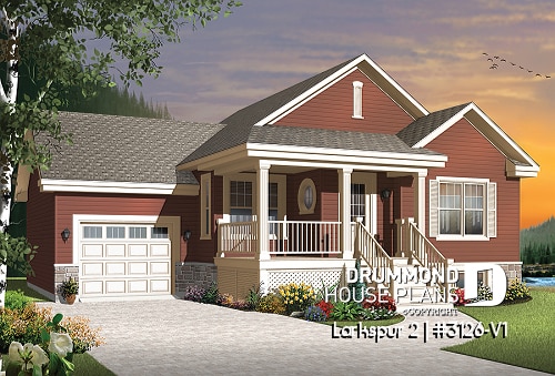 front - BASE MODEL - Small and affordable Bungalow house plan, open floor plan, master bed w/ walk-in, garage with basement access - Larkspur 2