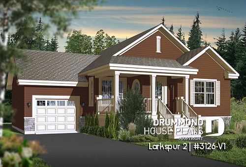 front - BASE MODEL - Small and affordable Bungalow house plan, open floor plan, master bed w/ walk-in, garage with basement access - Larkspur 2