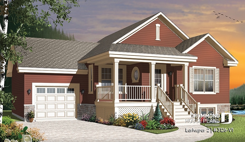 front - BASE MODEL - Small and affordable Bungalow house plan, open floor plan, master bed w/ walk-in, garage with basement access - Larkspur 2