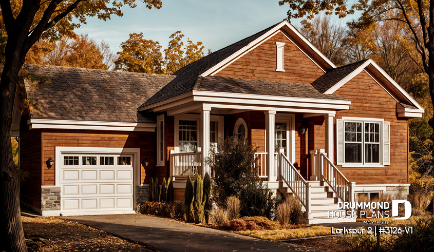 front - BASE MODEL - Small and affordable Bungalow house plan, open floor plan, master bed w/ walk-in, garage with basement access - Larkspur 2