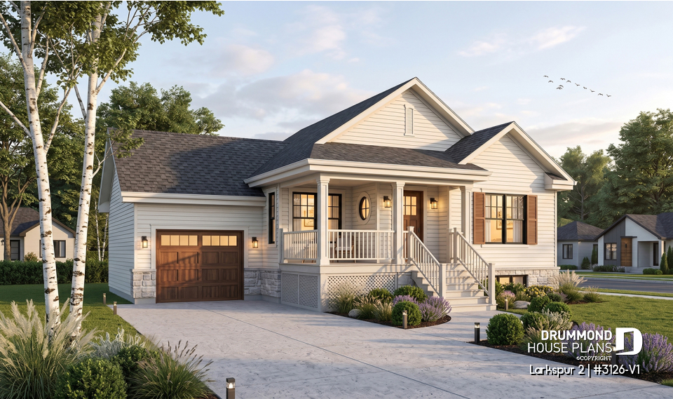 front - BASE MODEL - Small and affordable Bungalow house plan, open floor plan, master bed w/ walk-in, garage with basement access - Larkspur 2