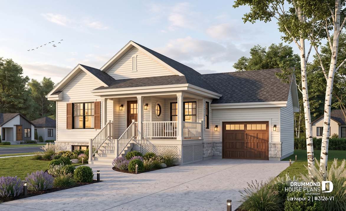 front - BASE MODEL - Small and affordable Bungalow house plan, open floor plan, master bed w/ walk-in, garage with basement access - Larkspur 2