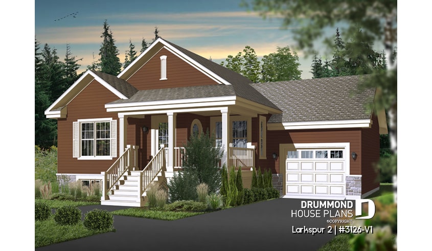 front - BASE MODEL - Small and affordable Bungalow house plan, open floor plan, master bed w/ walk-in, garage with basement access - Larkspur 2