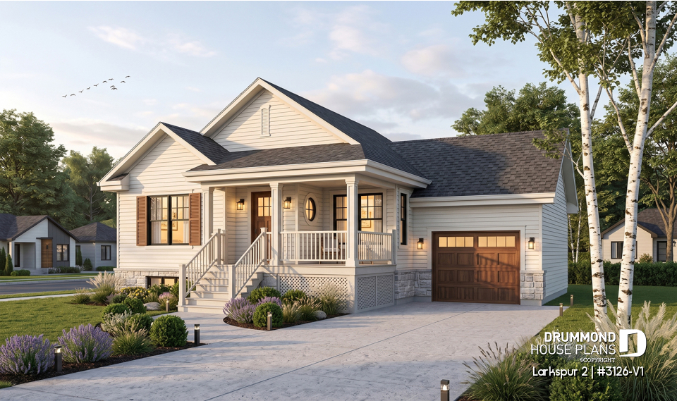 front - BASE MODEL - Small and affordable Bungalow house plan, open floor plan, master bed w/ walk-in, garage with basement access - Larkspur 2