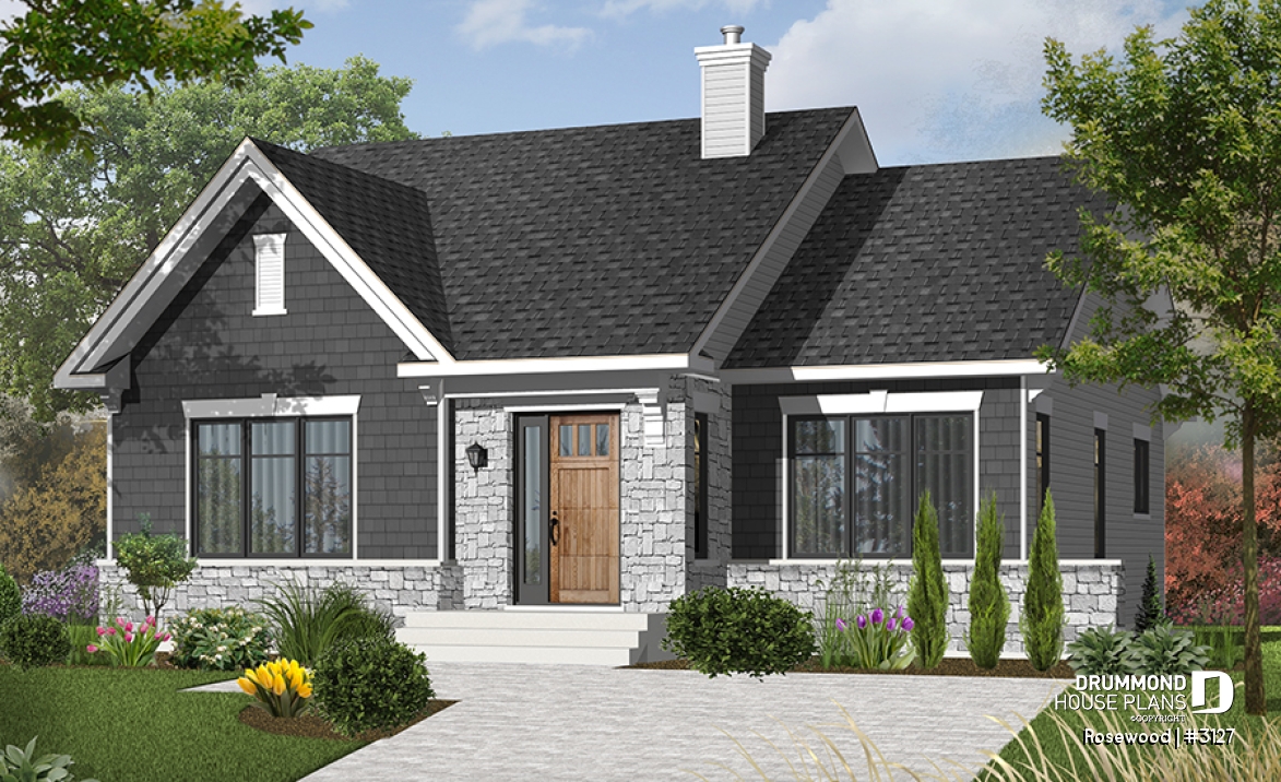 front - BASE MODEL - Economical ranch style house plan, sunken family room with fireplace, unfinished daylight basement - Rosewood