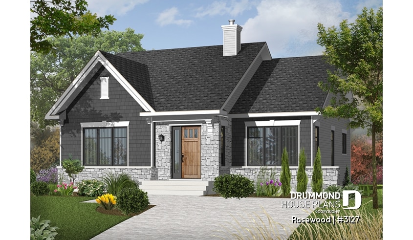 front - BASE MODEL - Economical ranch style house plan, sunken family room with fireplace, unfinished daylight basement - Rosewood