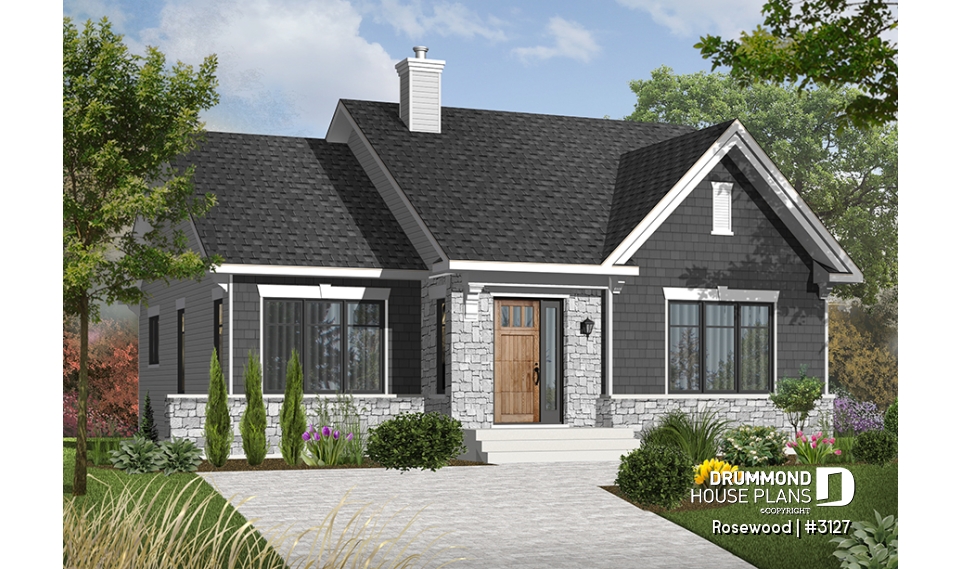 front - BASE MODEL - Economical ranch style house plan, sunken family room with fireplace, unfinished daylight basement - Rosewood