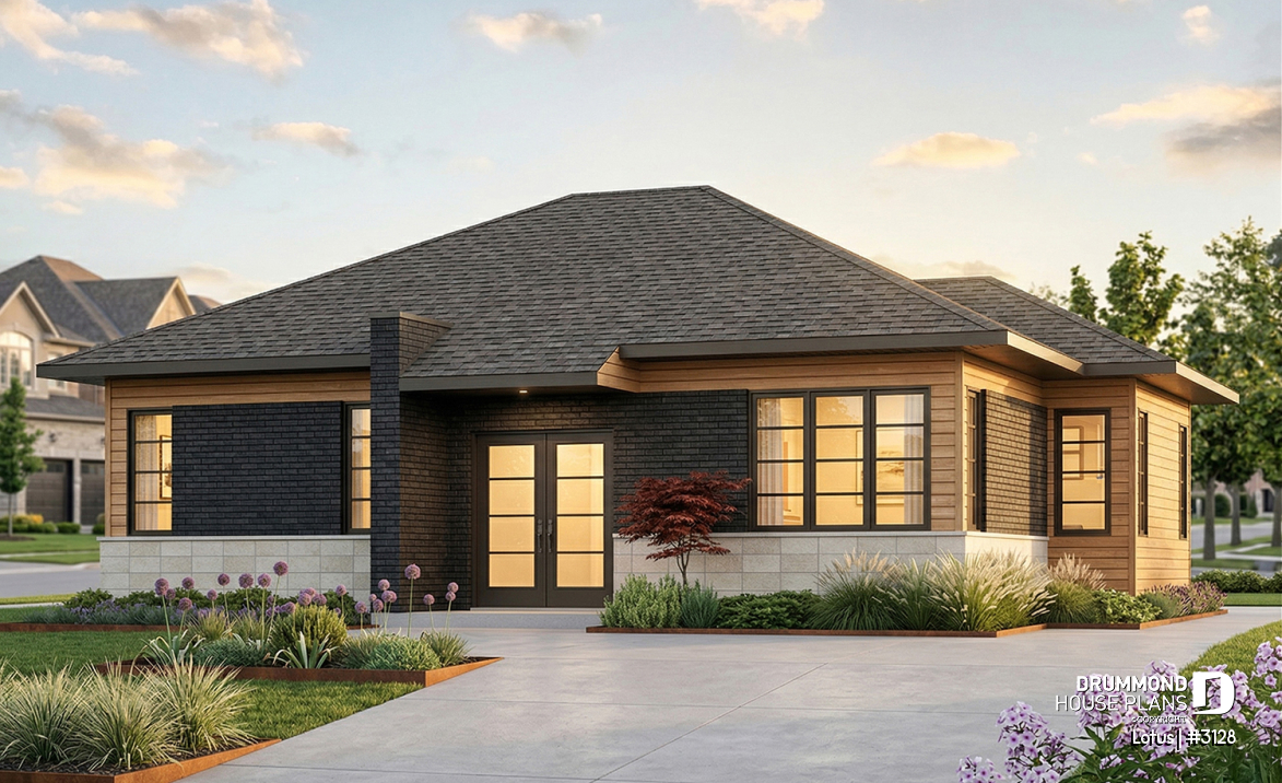 front - BASE MODEL - Modern Single storey house plan, 2 bedrooms, large shower stall, large kitchen island, natural light  - Lotus