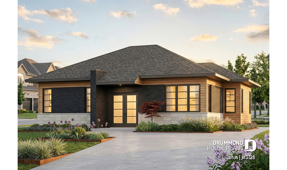 front - BASE MODEL - Modern Single storey house plan, 2 bedrooms, large shower stall, large kitchen island, natural light  - Lotus