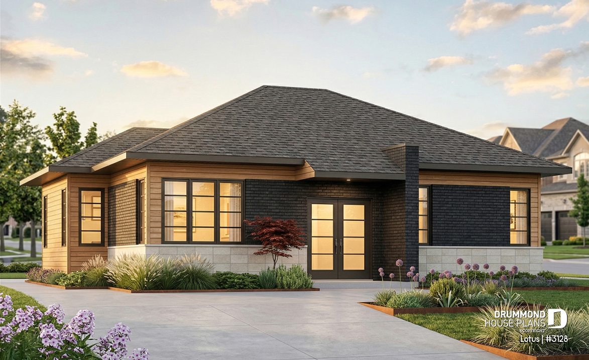 front - BASE MODEL - Modern Single storey house plan, 2 bedrooms, large shower stall, large kitchen island, natural light  - Lotus