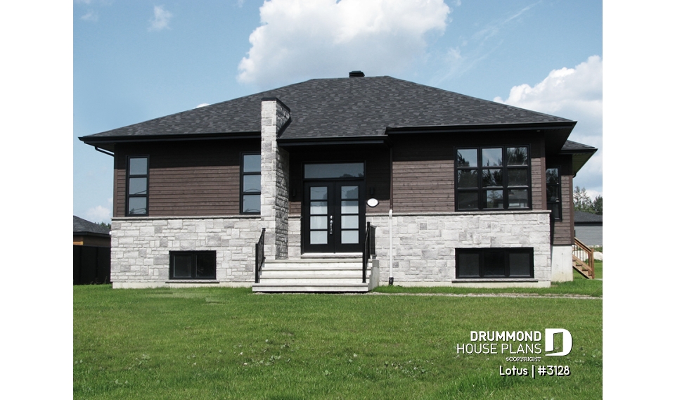 front elevation - Modern Single storey house plan, 2 bedrooms, large shower stall, large kitchen island, natural light  - Lotus