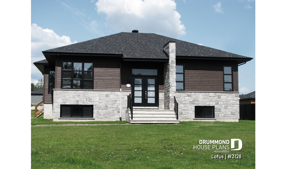 front elevation - Modern Single storey house plan, 2 bedrooms, large shower stall, large kitchen island, natural light  - Lotus