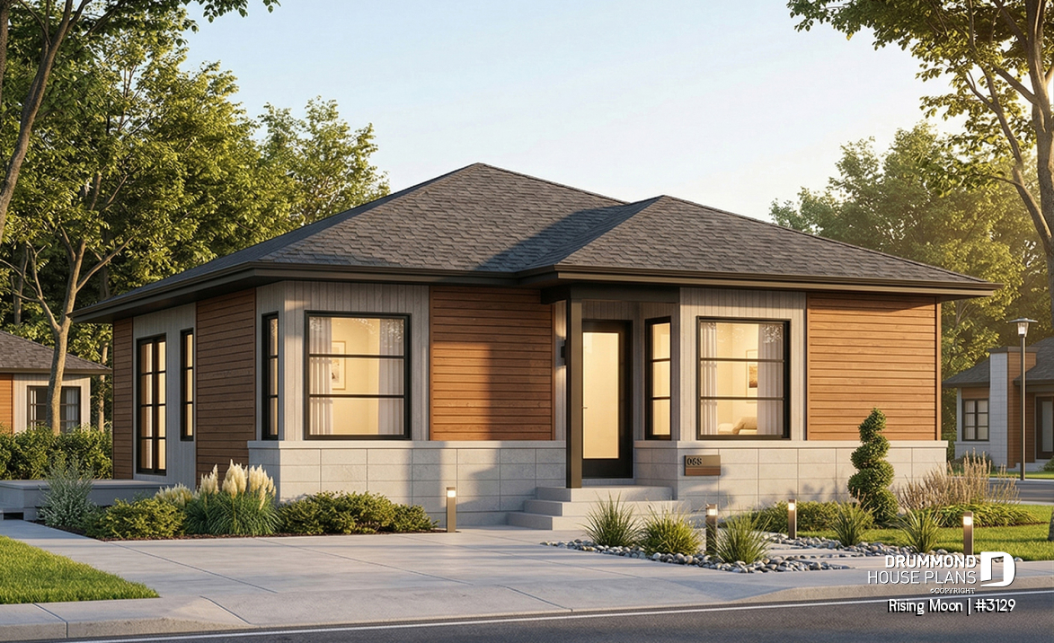 front - BASE MODEL - Small, modern &amp; economical open concept bungalow with unfinished basement, large shower, eat-in kitchen - Rising Moon