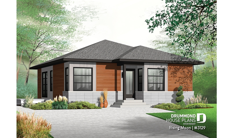 front - BASE MODEL - Small, modern &amp; economical open concept bungalow with unfinished basement, large shower, eat-in kitchen - Rising Moon