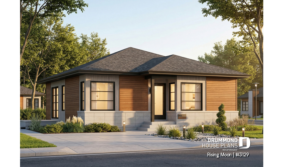 front - BASE MODEL - Small, modern &amp; economical open concept bungalow with unfinished basement, large shower, eat-in kitchen - Rising Moon