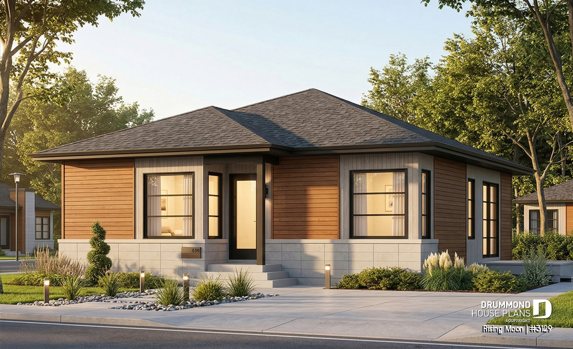 front - BASE MODEL - Small, modern &amp; economical open concept bungalow with unfinished basement, large shower, eat-in kitchen - Rising Moon