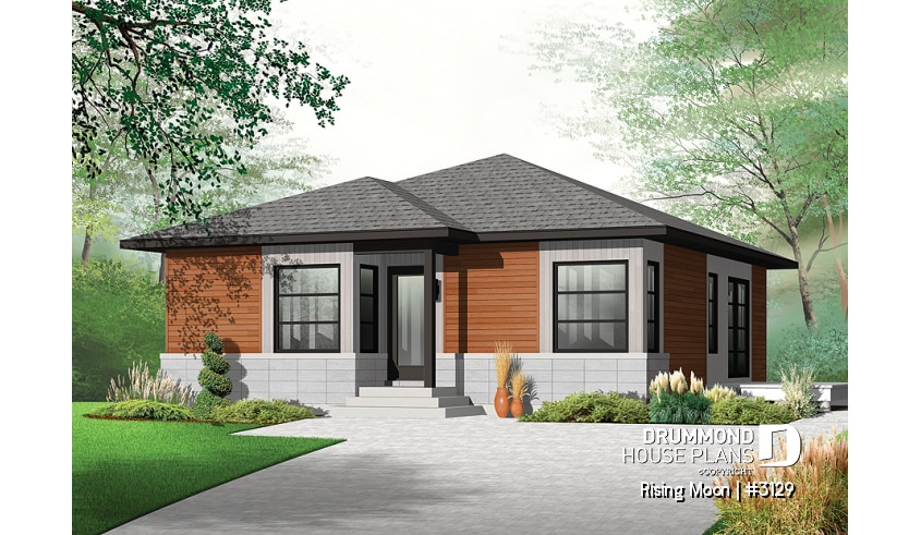 front - BASE MODEL - Small, modern & economical open concept bungalow with unfinished basement, large shower, eat-in kitchen - Rising Moon