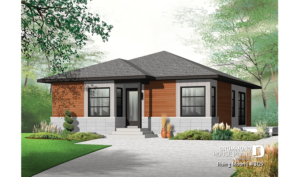 front - BASE MODEL - Small, modern &amp; economical open concept bungalow with unfinished basement, large shower, eat-in kitchen - Rising Moon