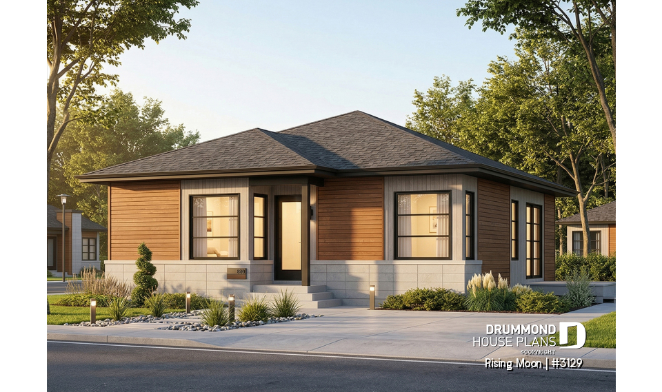 front - BASE MODEL - Small, modern &amp; economical open concept bungalow with unfinished basement, large shower, eat-in kitchen - Rising Moon