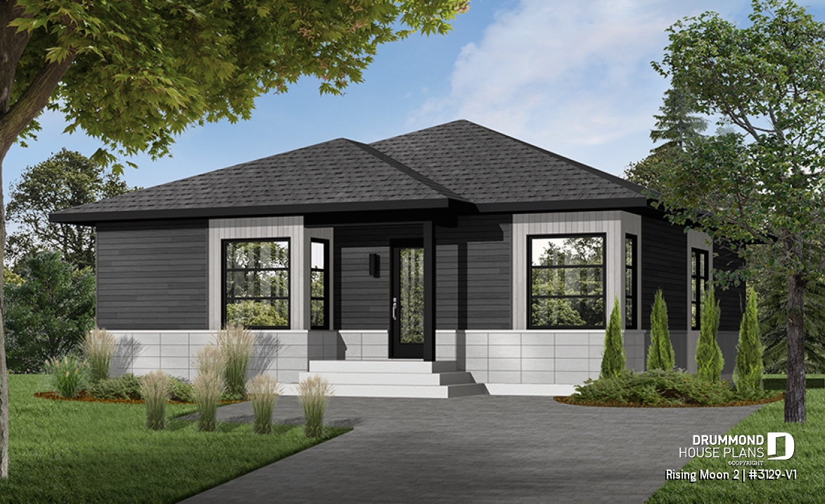 Color version 3 - Front - Small Affordable modern house plan with open floor plan concept, unfinished basement - Rising Moon 2