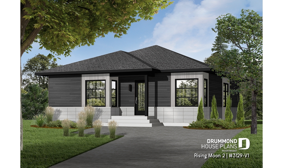 Color version 3 - Front - Small Affordable modern house plan with open floor plan concept, unfinished basement - Rising Moon 2