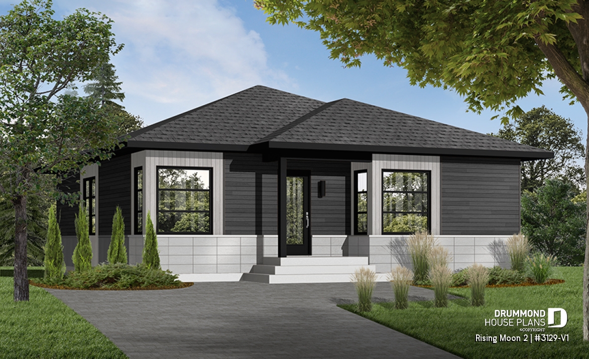 Color version 3 - Front - Small Affordable modern house plan with open floor plan concept, unfinished basement - Rising Moon 2