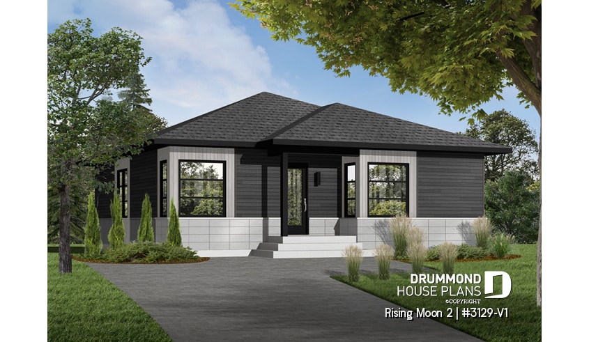 Color version 3 - Front - Small Affordable modern house plan with open floor plan concept, unfinished basement - Rising Moon 2