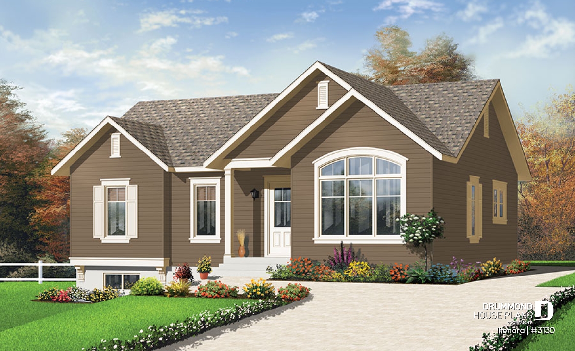 front - BASE MODEL - Ranch Bungalow house plan with 3 bedrooms, cathedral ceiling and large eat-in kitchen - Kenora