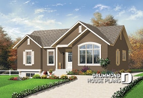 front - BASE MODEL - Ranch Bungalow house plan with 3 bedrooms, cathedral ceiling and large kitchen - Kenora
