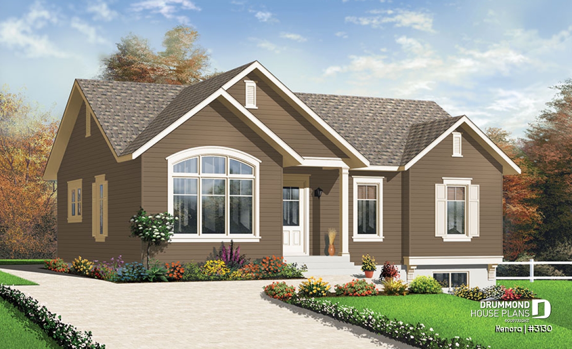 front - BASE MODEL - Ranch Bungalow house plan with 3 bedrooms, cathedral ceiling and large eat-in kitchen - Kenora