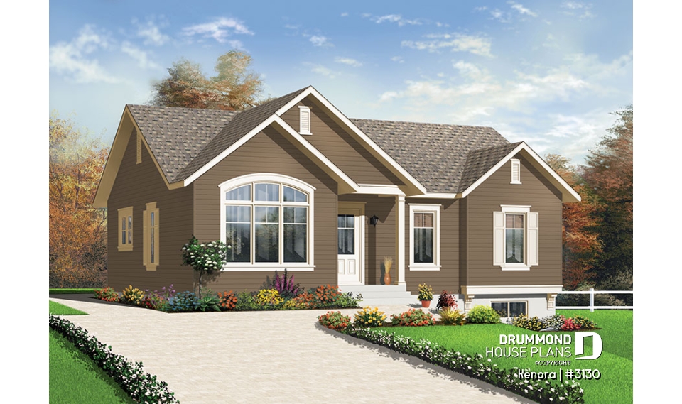 front - BASE MODEL - Ranch Bungalow house plan with 3 bedrooms, cathedral ceiling and large eat-in kitchen - Kenora