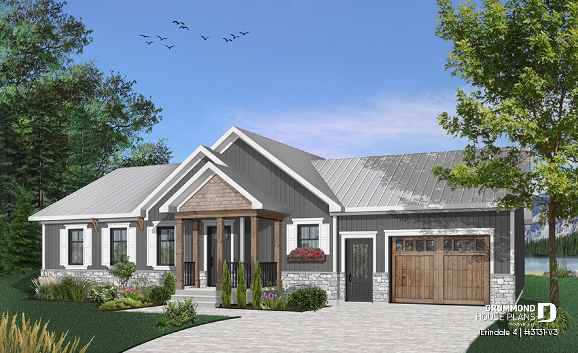 front - BASE MODEL - Open floor plan Ranch Bungalow with lots of amenities such as walk-in, laundry room, garage and more - Erindale 4