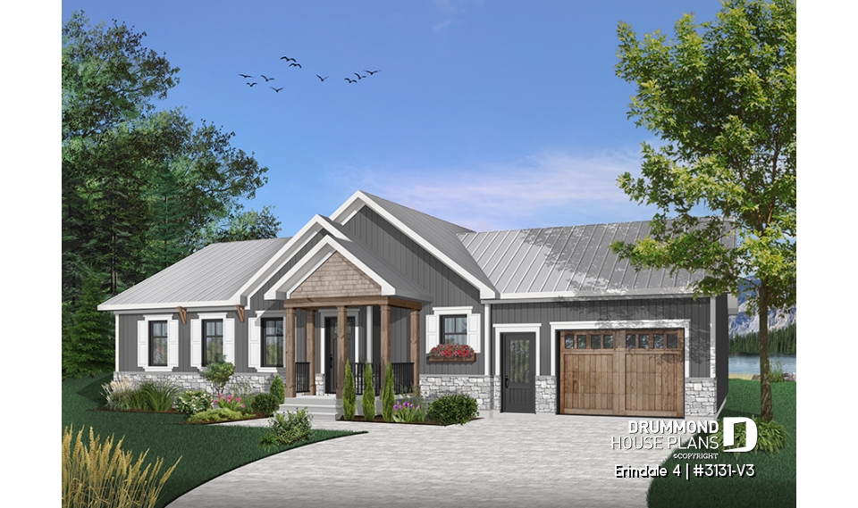 front - BASE MODEL - Open floor plan Ranch Bungalow with lots of amenities such as walk-in, laundry room, garage and more - Erindale 4