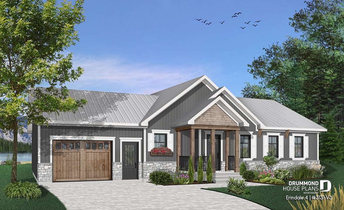 front - BASE MODEL - Open floor plan Ranch Bungalow with lots of amenities such as walk-in, laundry room, garage and more - Erindale 4