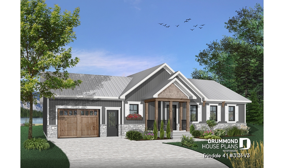 front - BASE MODEL - Open floor plan Ranch Bungalow with lots of amenities such as walk-in, laundry room, garage and more - Erindale 4