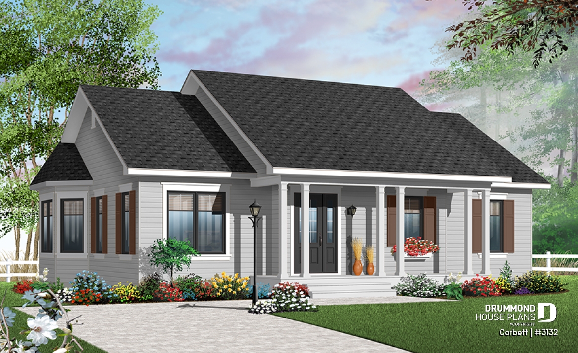 Color version 2 - Front - One-storey small ranche style house plan, 3 beds, solarium style kitchen with an open floor plan - Corbett