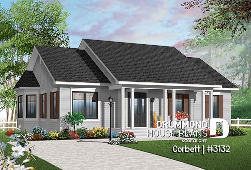 Color version 2 - Front - One-storey small ranche style house plan, 3 beds, solarium style kitchen with an open floor plan - Corbett